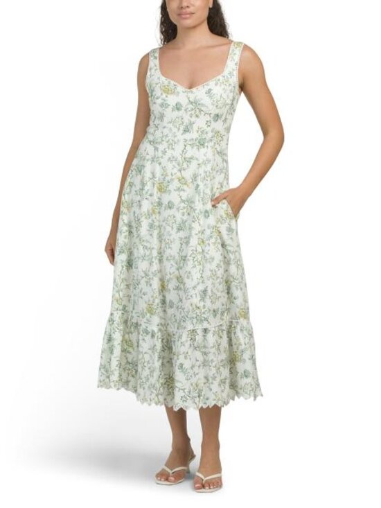 Laura Ashley Dresses & Skirts - LAURA ASHLEY Linen Blend Smocked Scallop Trim Midi Dress